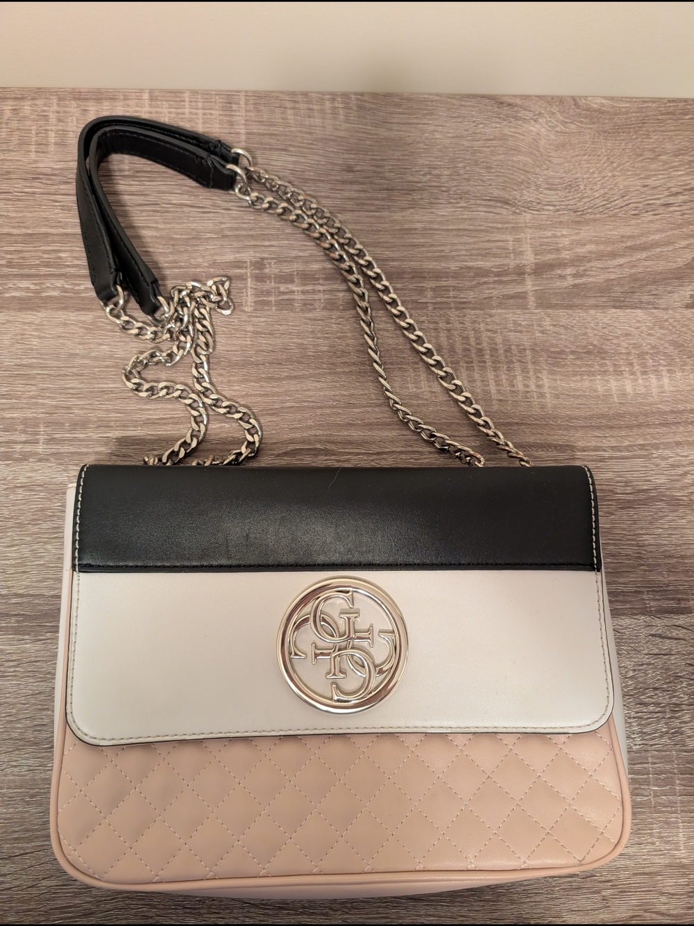 Guess Tri-Tone Quilted Chain Shoulder Bag - Black, White, Blush